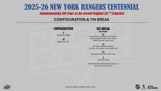 2025/26 Upper Deck New York Rangers Centennial Hockey Hobby Tin